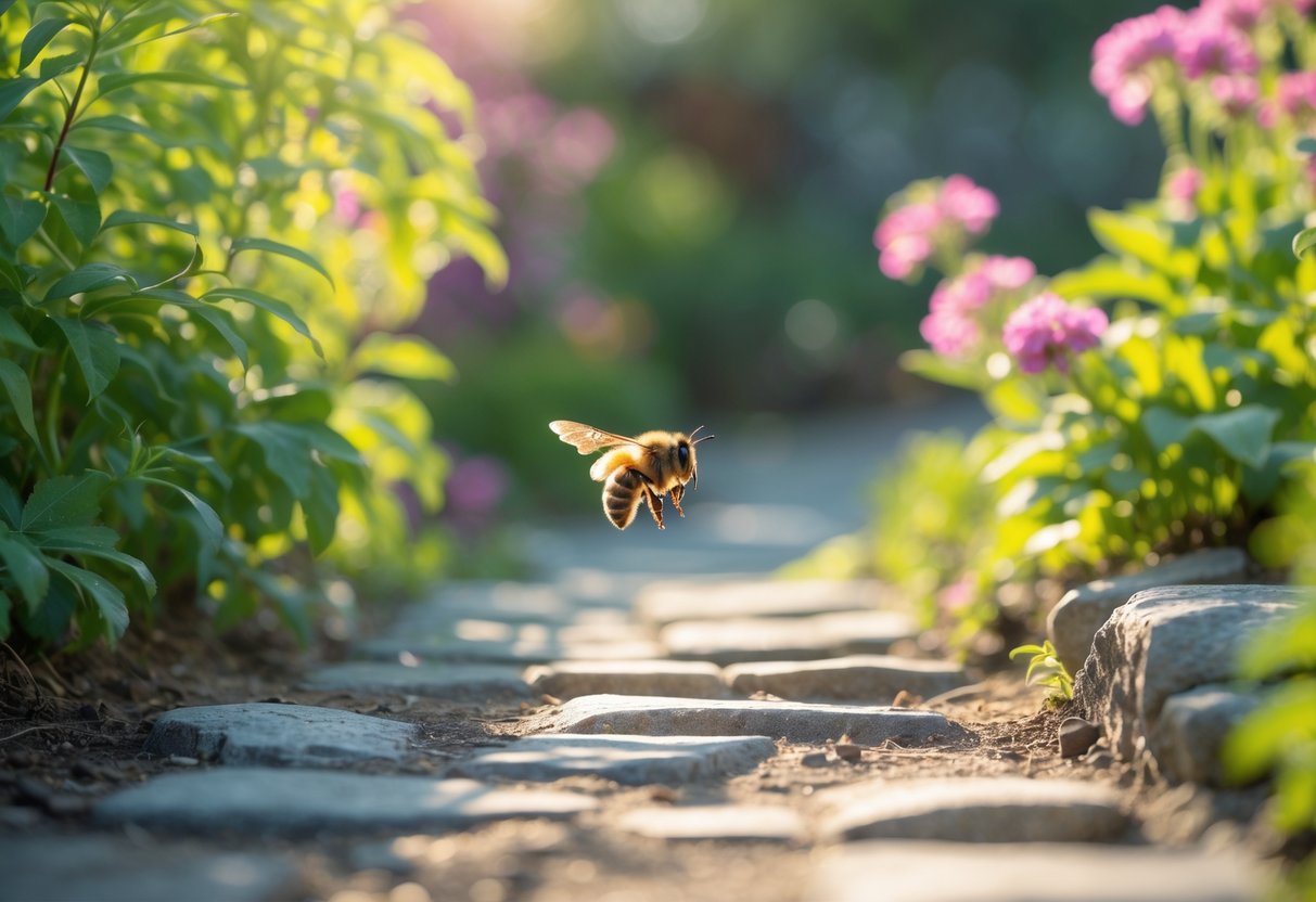 A bee flying over a garden path surrounded by green plants and flowers.