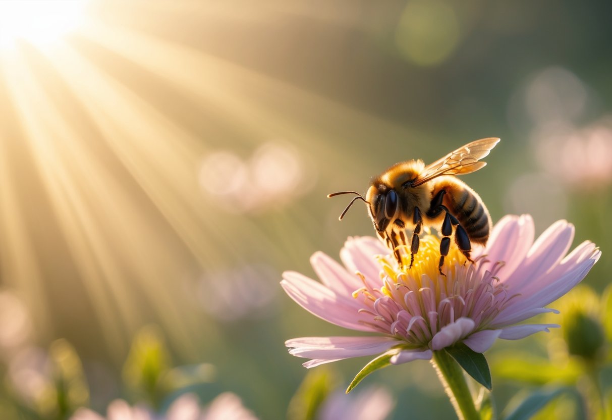 Close-up of a bee on a blooming flower with soft sunlight and a peaceful natural background.