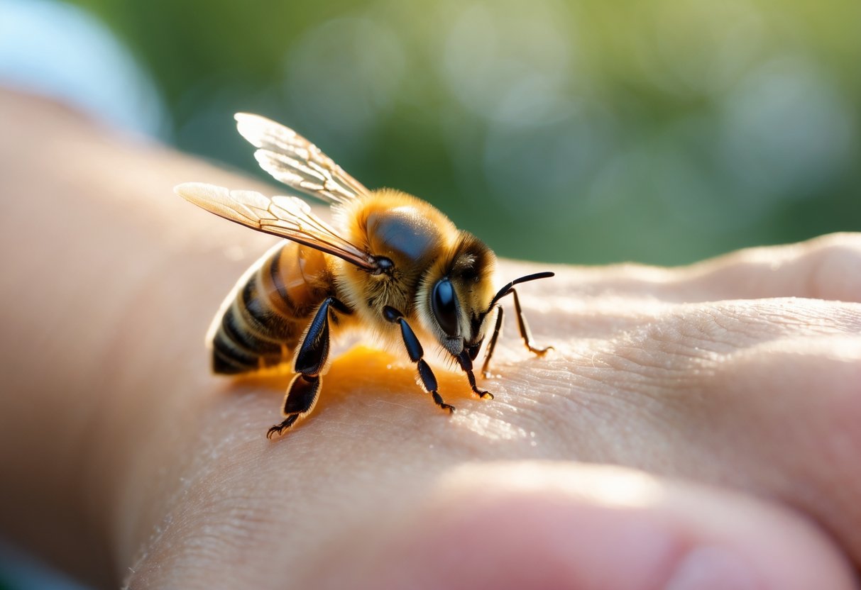 A honeybee resting gently on a person's bare skin outdoors.