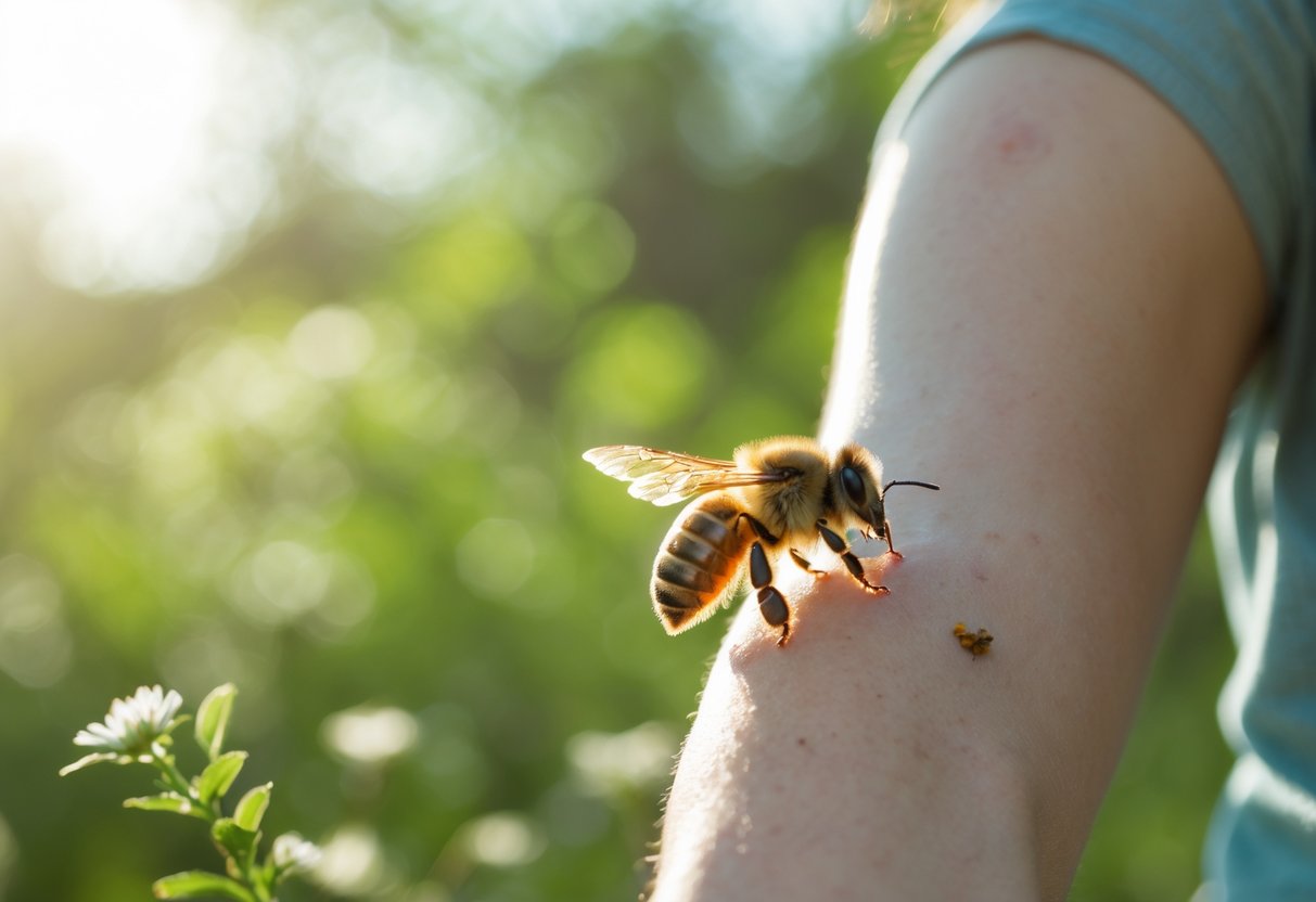 A person outdoors reacting with mild surprise as a bee gently lands on their arm.