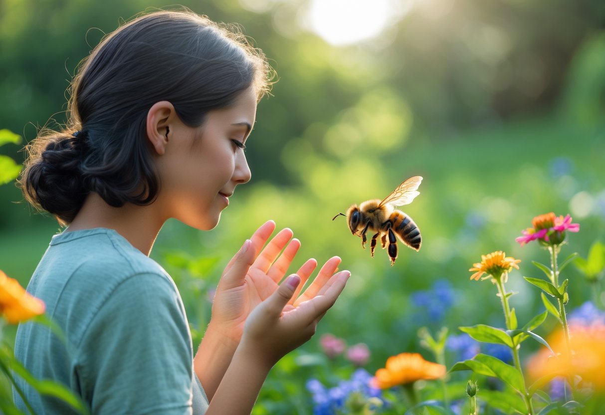 A person outdoors in a garden calmly observing a bee hovering near their hand.