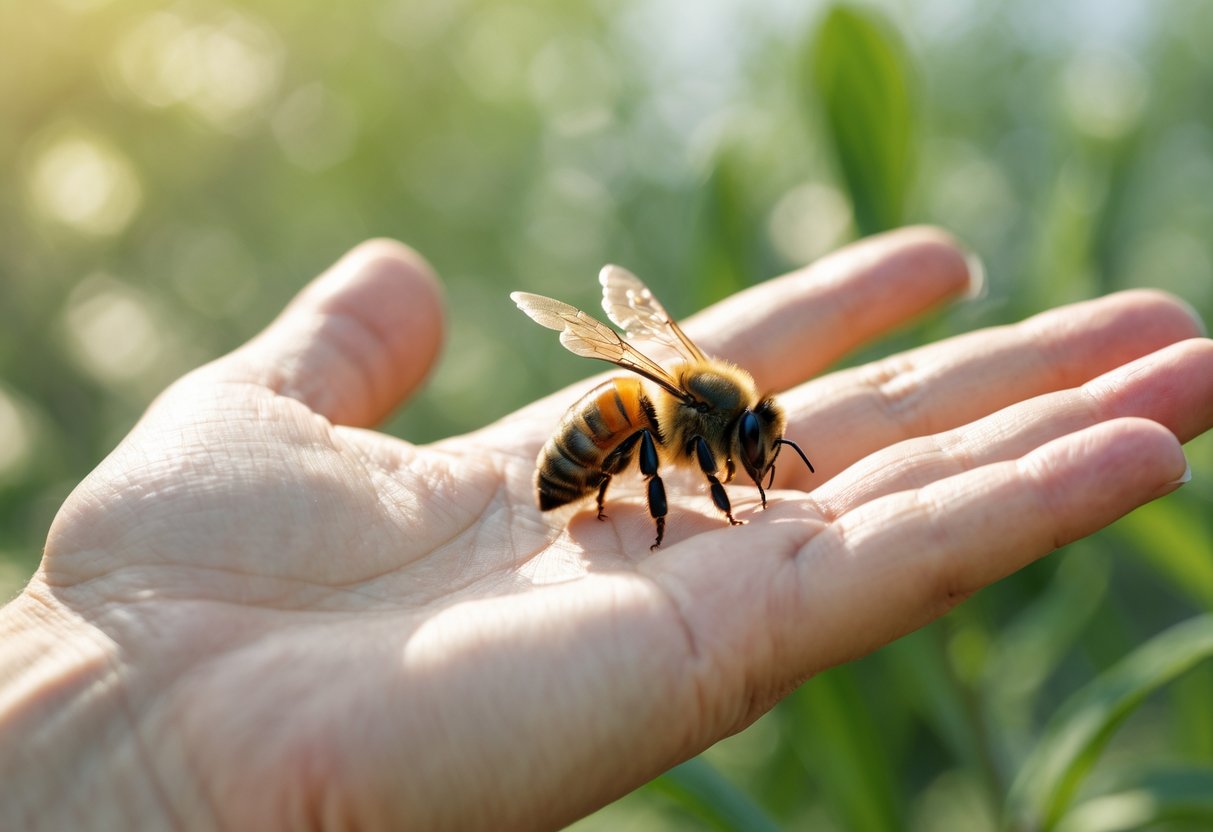 A bee gently landing on a person's open hand outdoors with green blurred background.