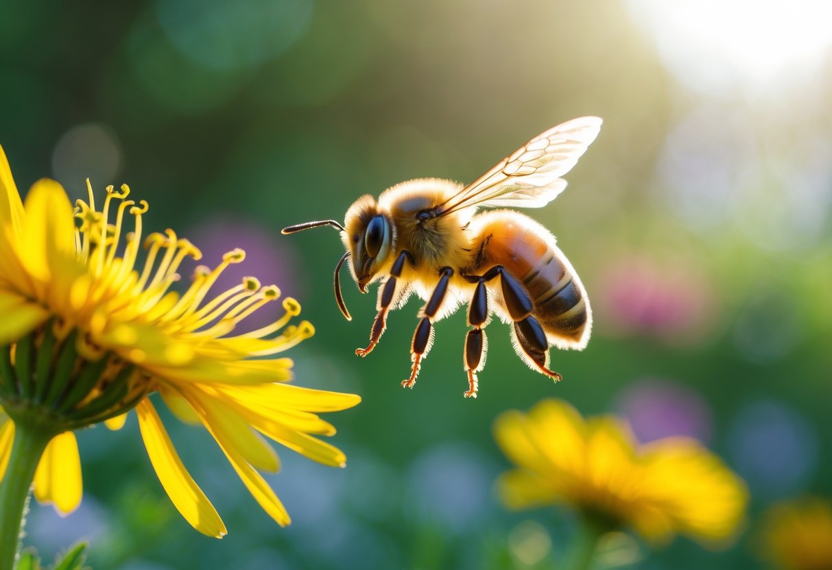 A honeybee hovering near a yellow flower in a garden with green foliage in the background.