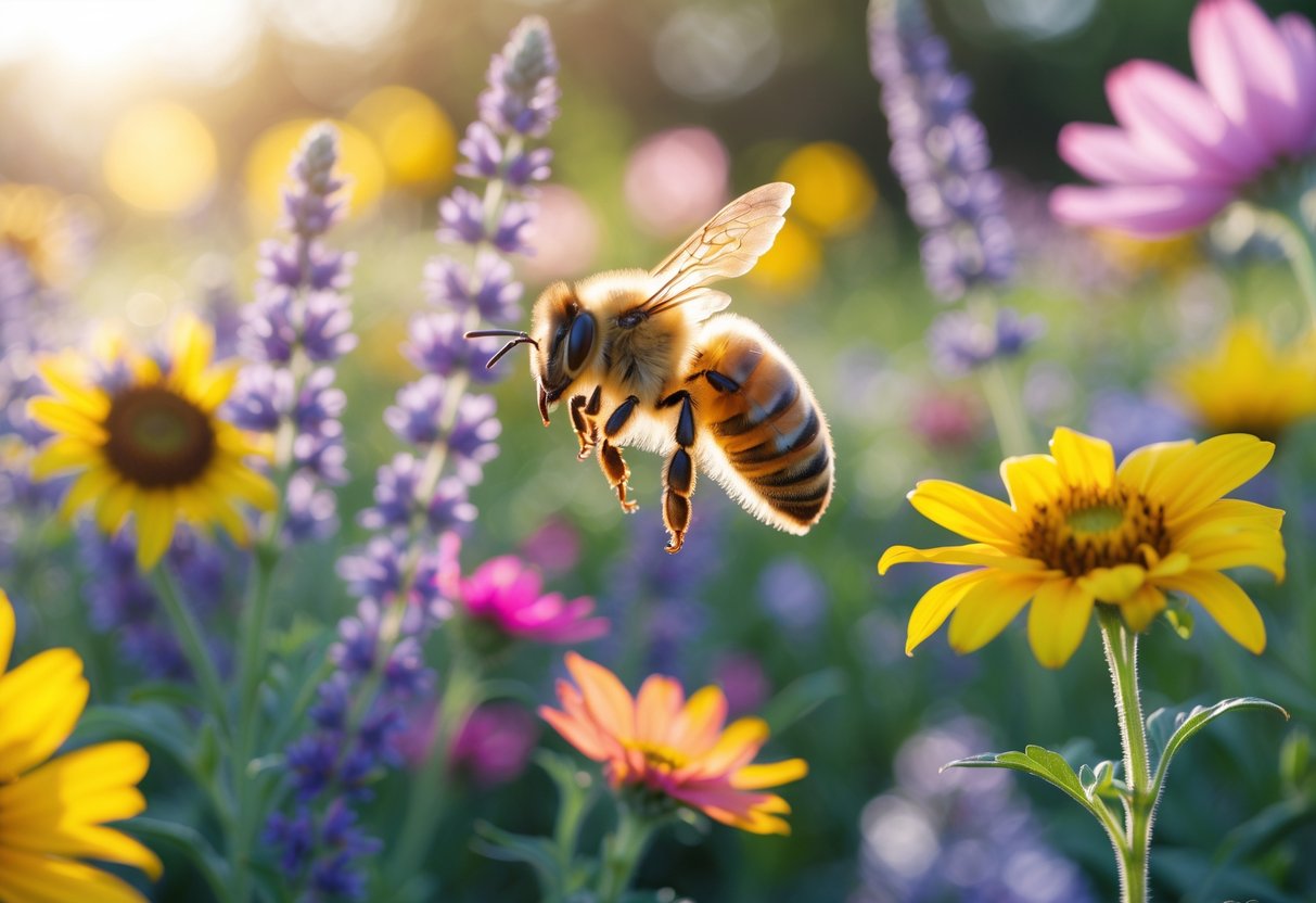 A honeybee flying near colorful blooming flowers in a sunlit garden.