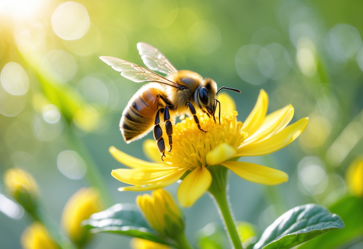 A honeybee resting on a yellow flower with green leaves in the background.