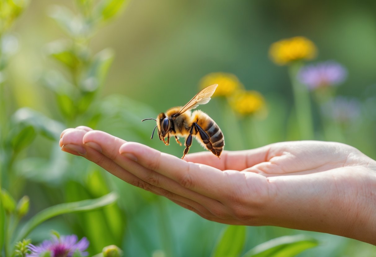 A bee hovering near a person's outstretched hand surrounded by green plants and flowers.