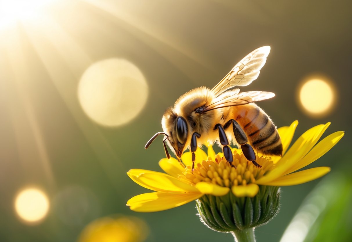 A close-up of a honeybee on a yellow flower with soft glowing light in the background symbolizing luck and positivity.