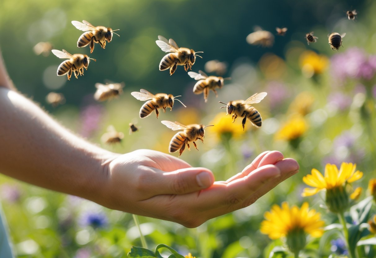 A person outdoors holding out their hand with bees flying towards it in a garden filled with flowers.