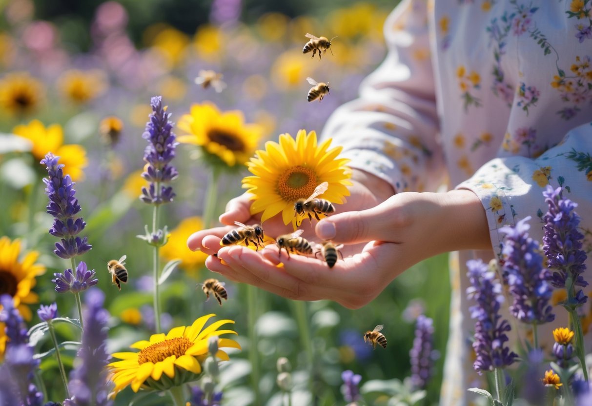 A person outdoors in a garden holding a yellow flower with bees flying around the flowers and their hands.