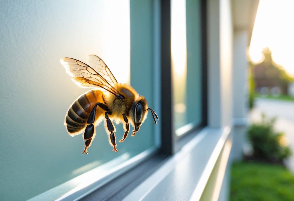 A honeybee landing on the windowsill of a modern house with greenery in the background.