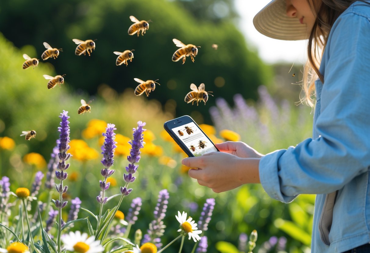 A person calmly observing different bees flying near flowers in a sunny garden.