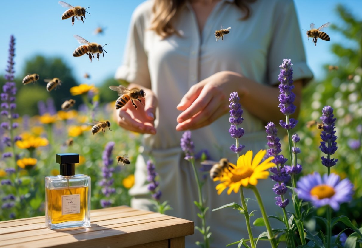 A person standing calmly in a garden with colorful flowers, surrounded by bees hovering nearby.