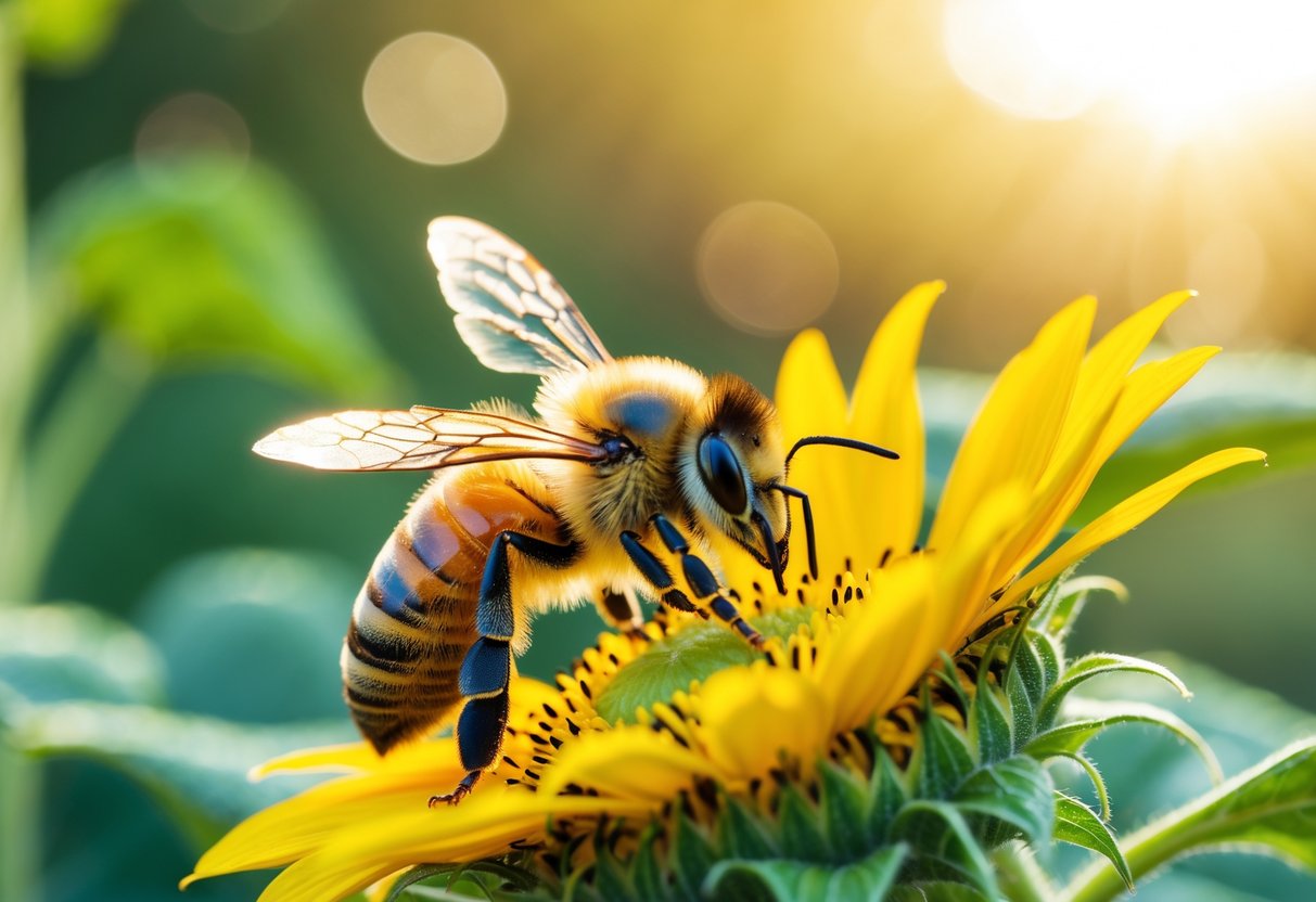 A honeybee resting on a yellow sunflower with green leaves in the background.