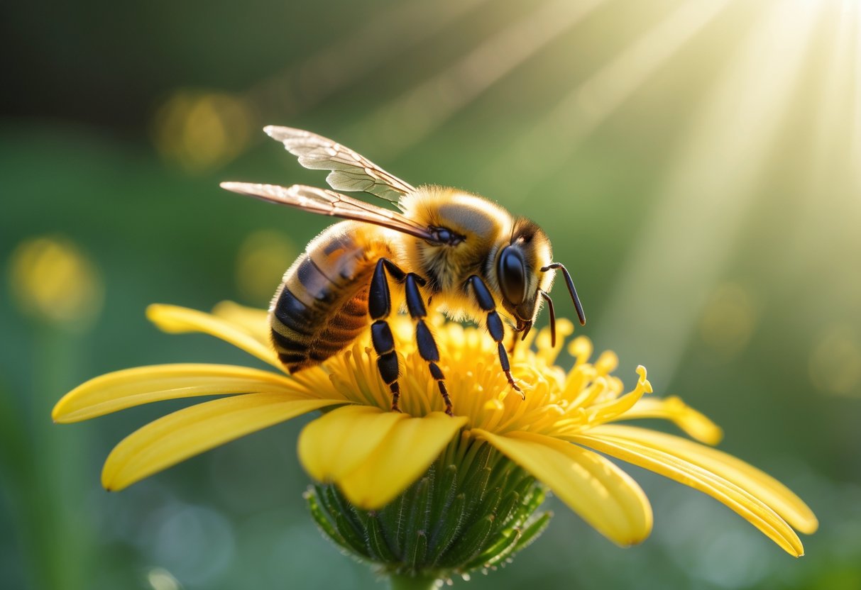 A honeybee resting on a yellow flower with soft sunlight and a glowing background.
