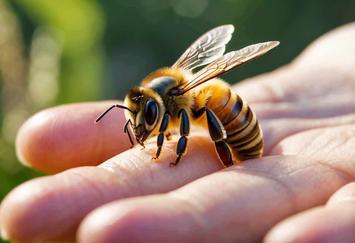A honeybee resting on a person's hand outdoors with green blurred background.