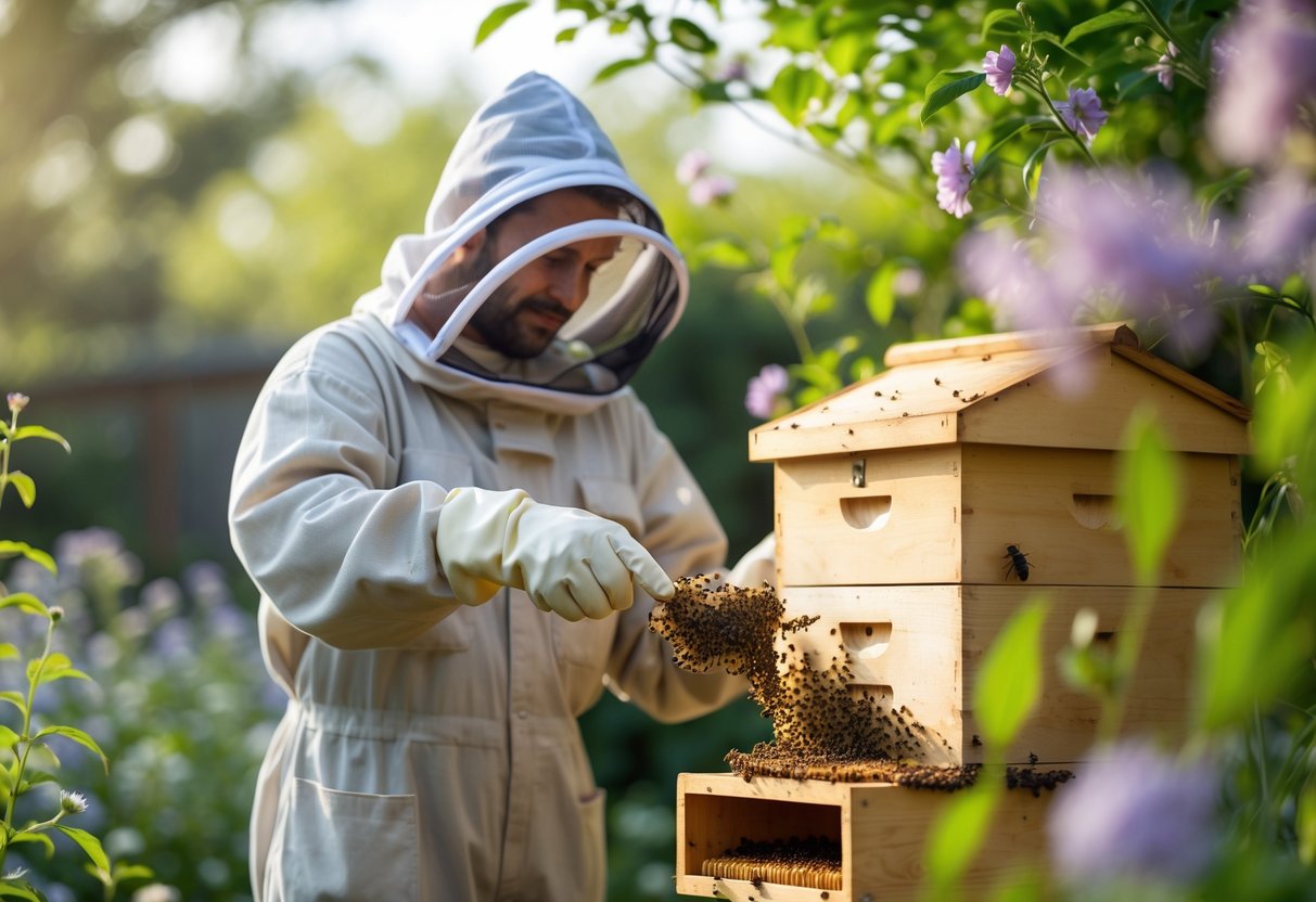 A beekeeper in protective clothing gently reaching toward bees near a wooden beehive in a garden.