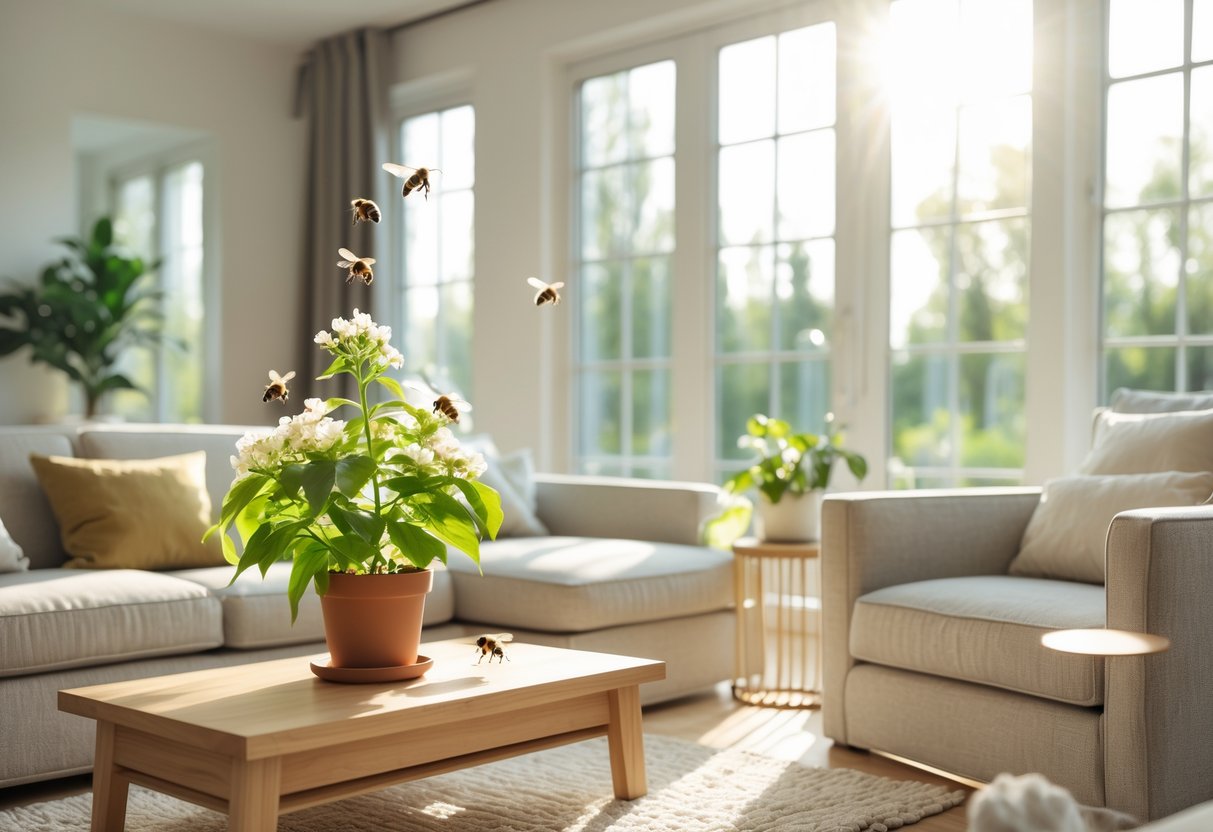 A modern living room with honeybees flying near a potted plant on a coffee table.