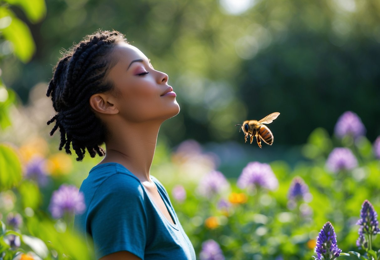 A person calmly standing in a garden as a bee flies close by near their shoulder.
