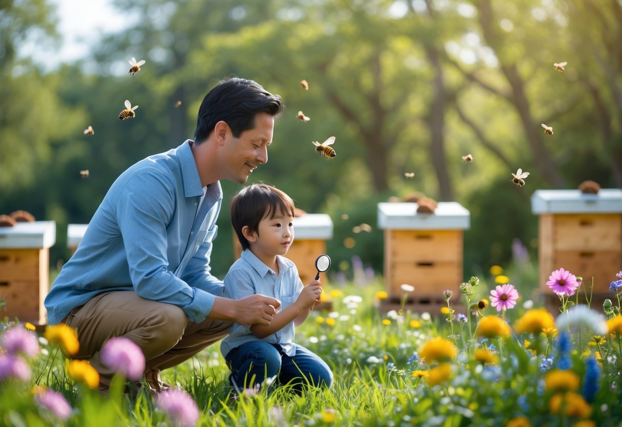 A parent and child talking near blooming flowers and bee hives outdoors with bees flying around.
