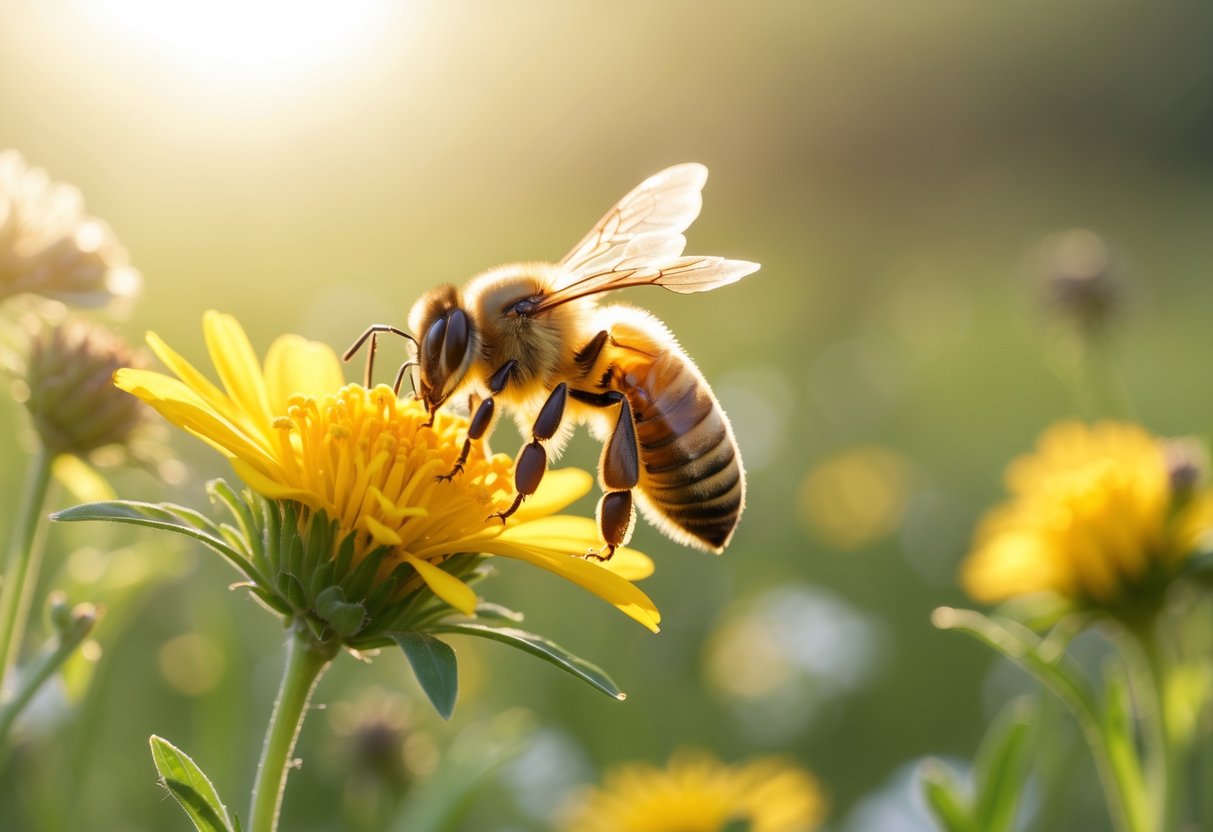 A honeybee resting on a yellow flower in a sunlit meadow with blurred flowers and greenery in the background.
