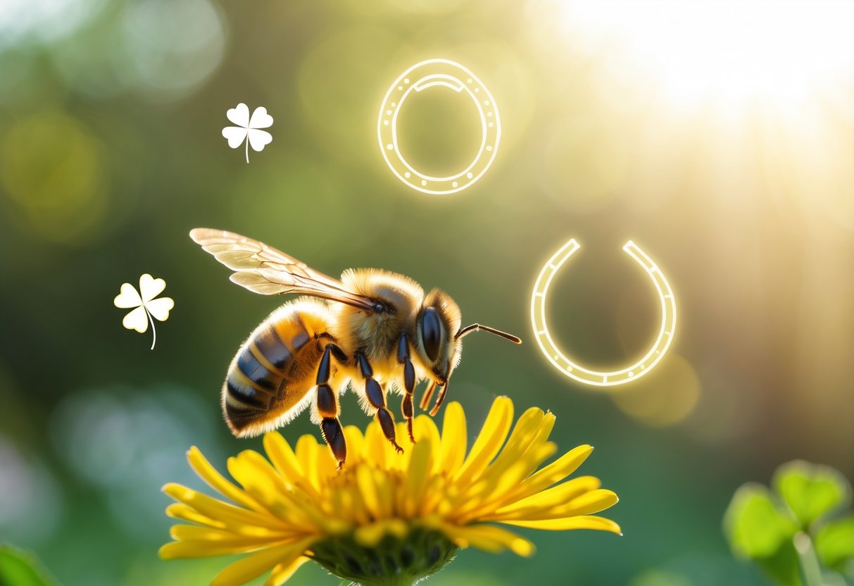 A close-up of a honeybee near a yellow flower in a sunlit garden with faint glowing symbols representing luck and superstition.