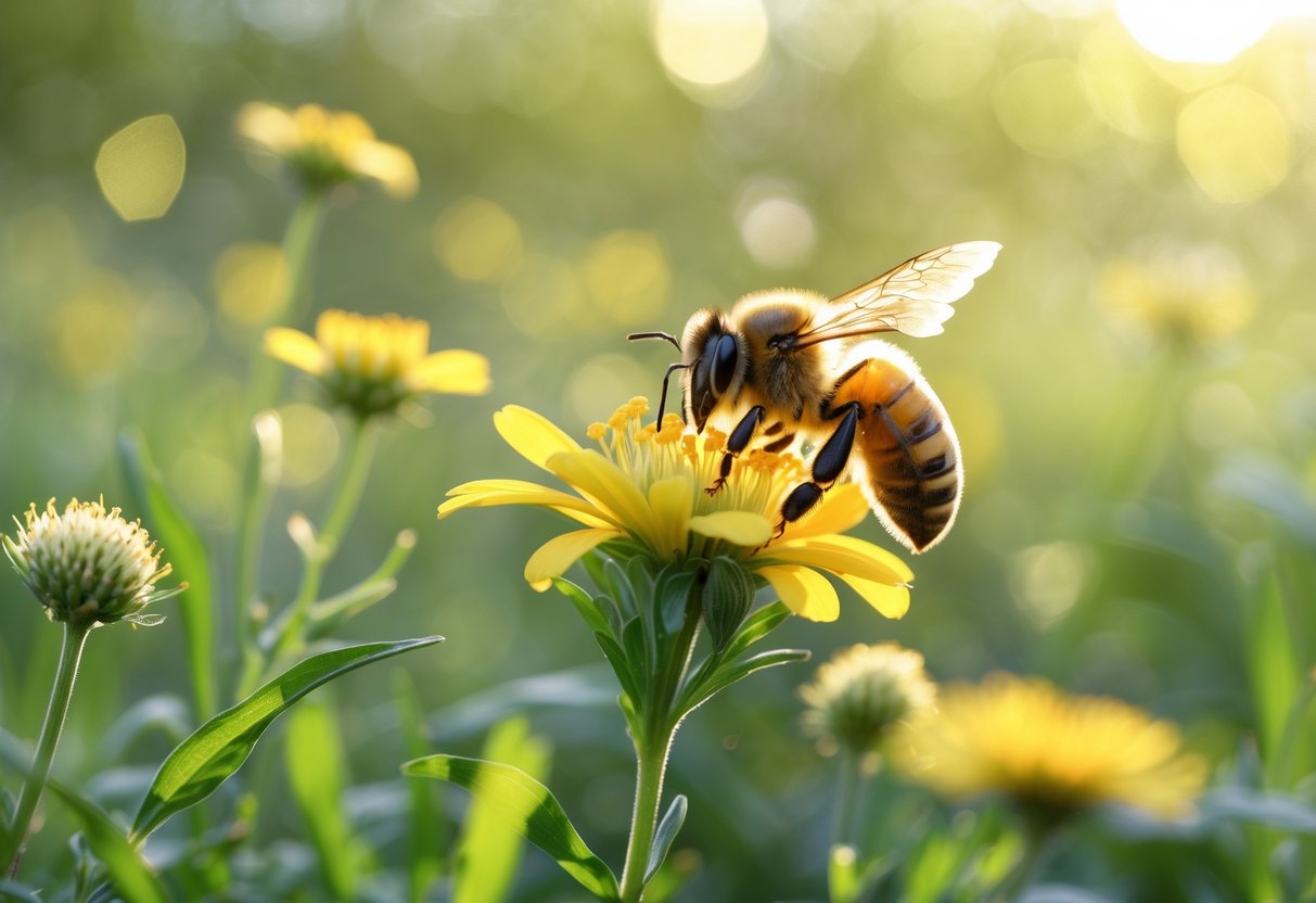 A honeybee collecting nectar from a yellow flower in a sunlit meadow with green plants in the background.