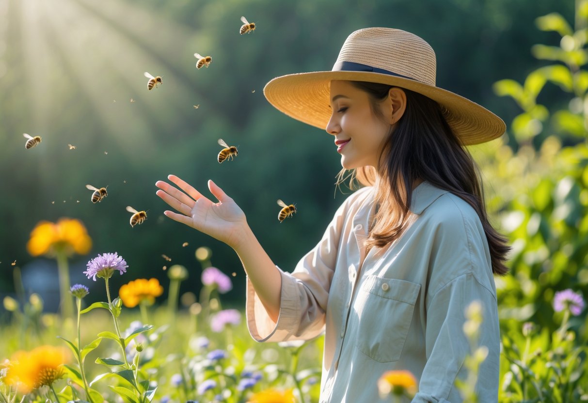 A person outdoors gently waving their hand near bees flying around without landing on them in a garden with flowers and greenery.