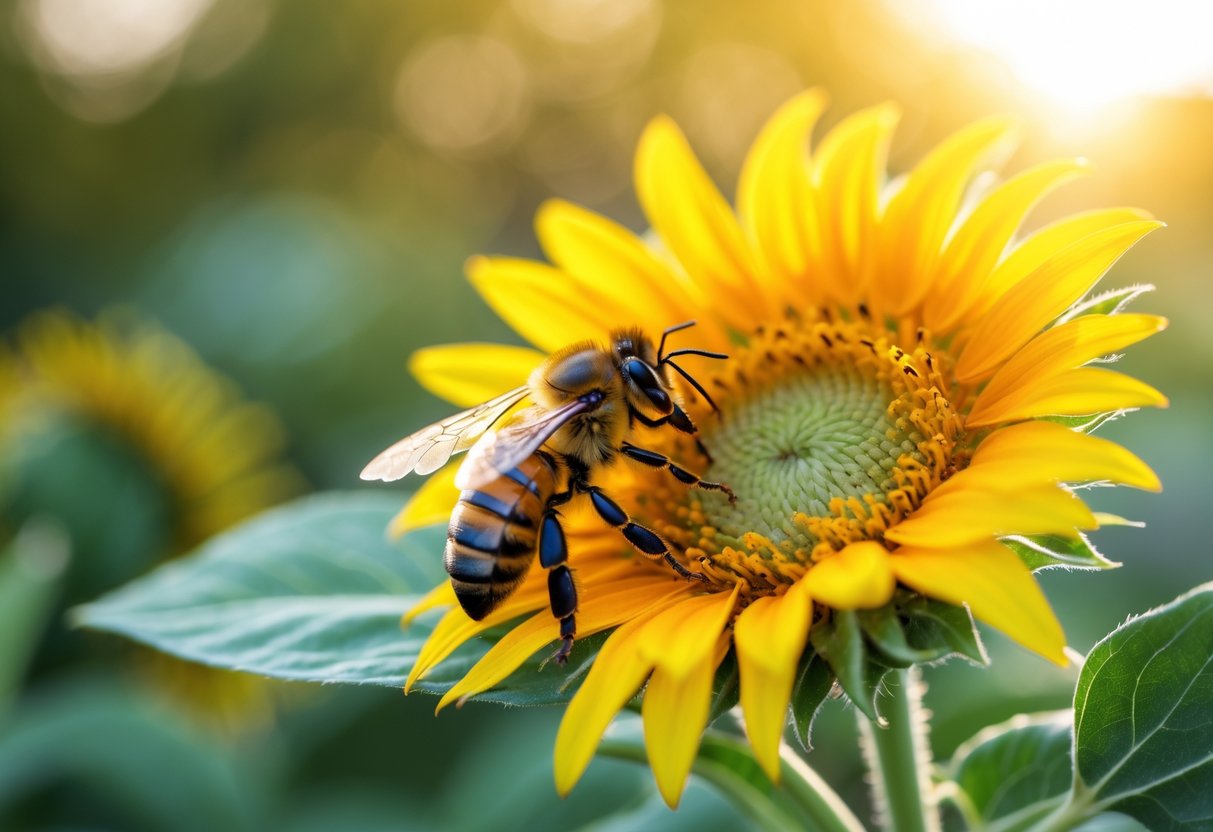 A honeybee collecting nectar from a yellow sunflower with green foliage in the background.