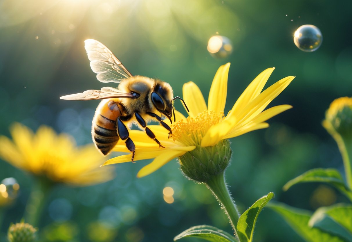 A close-up of a bee resting on a yellow flower with soft sunlight and a glowing, ethereal garden background.