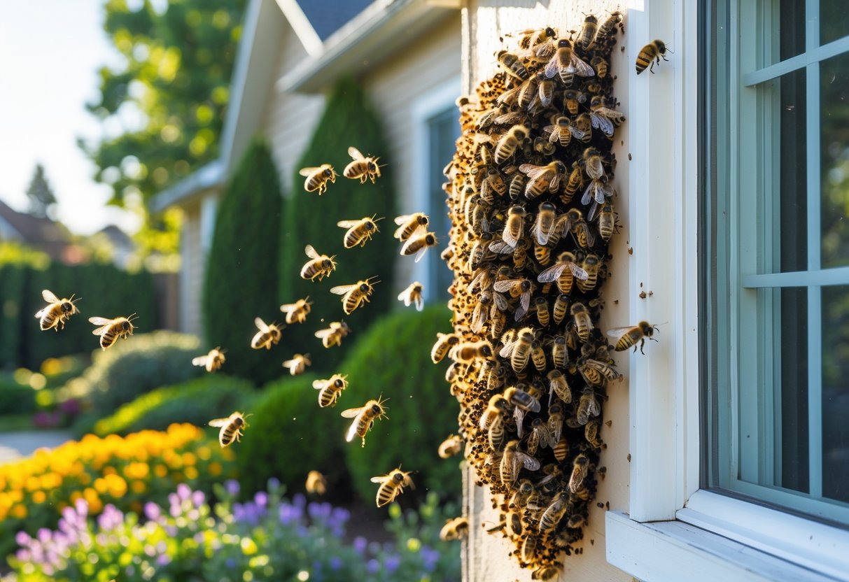 A swarm of bees clustered on the exterior wall of a house near a window with some bees flying around.