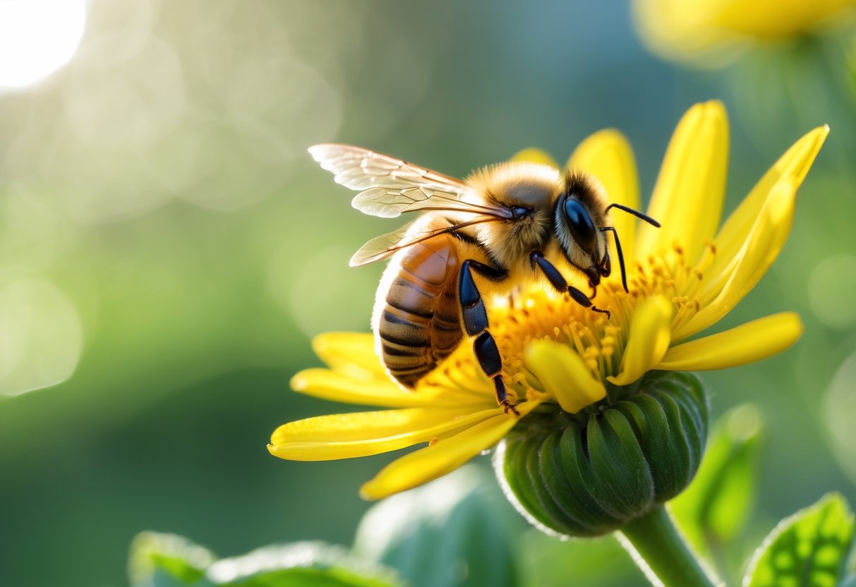 A close-up of a honeybee resting on a yellow flower in a sunlit garden.