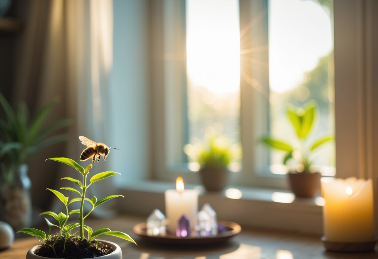 A bee resting on a houseplant near a window inside a calm, cozy room with plants and a lit candle.