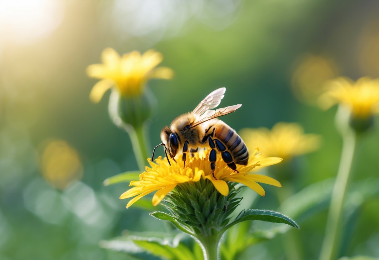 A close-up of a honeybee sitting on a yellow flower with green foliage in the background.