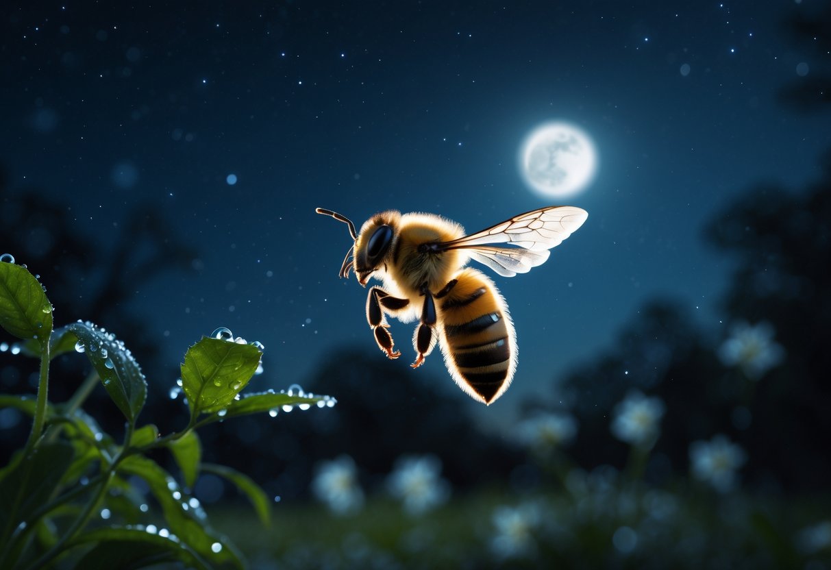 A bee flying at night with a dark starry sky and blurred plants in the background.