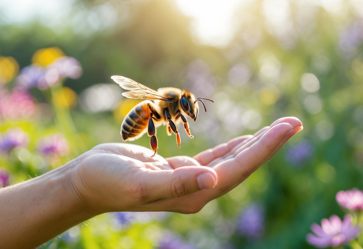 A honeybee hovering near a person's open hand in a garden with flowers and green plants.