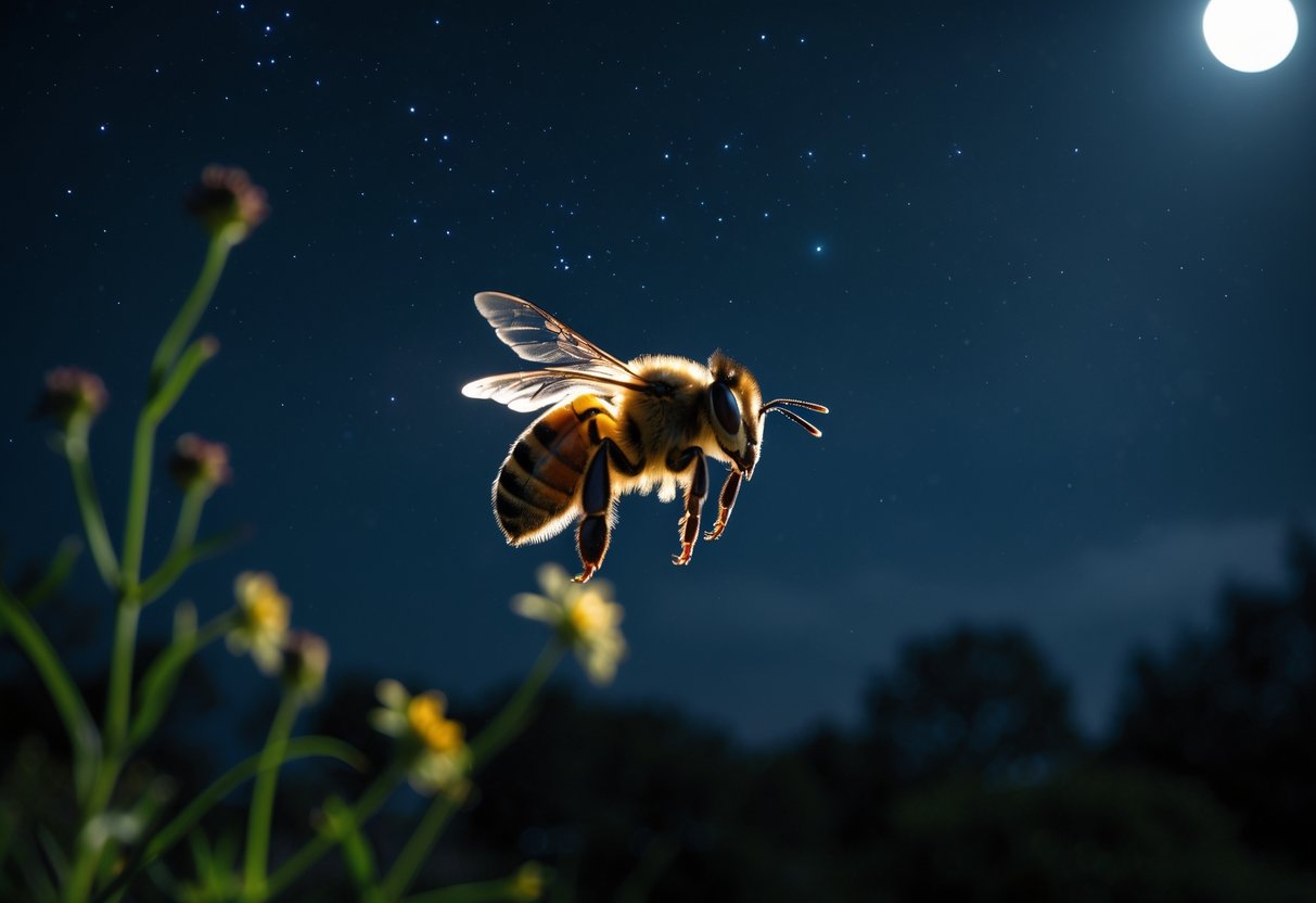 A close-up of a bee flying at night with a dark starry sky and faint flowers in the background.