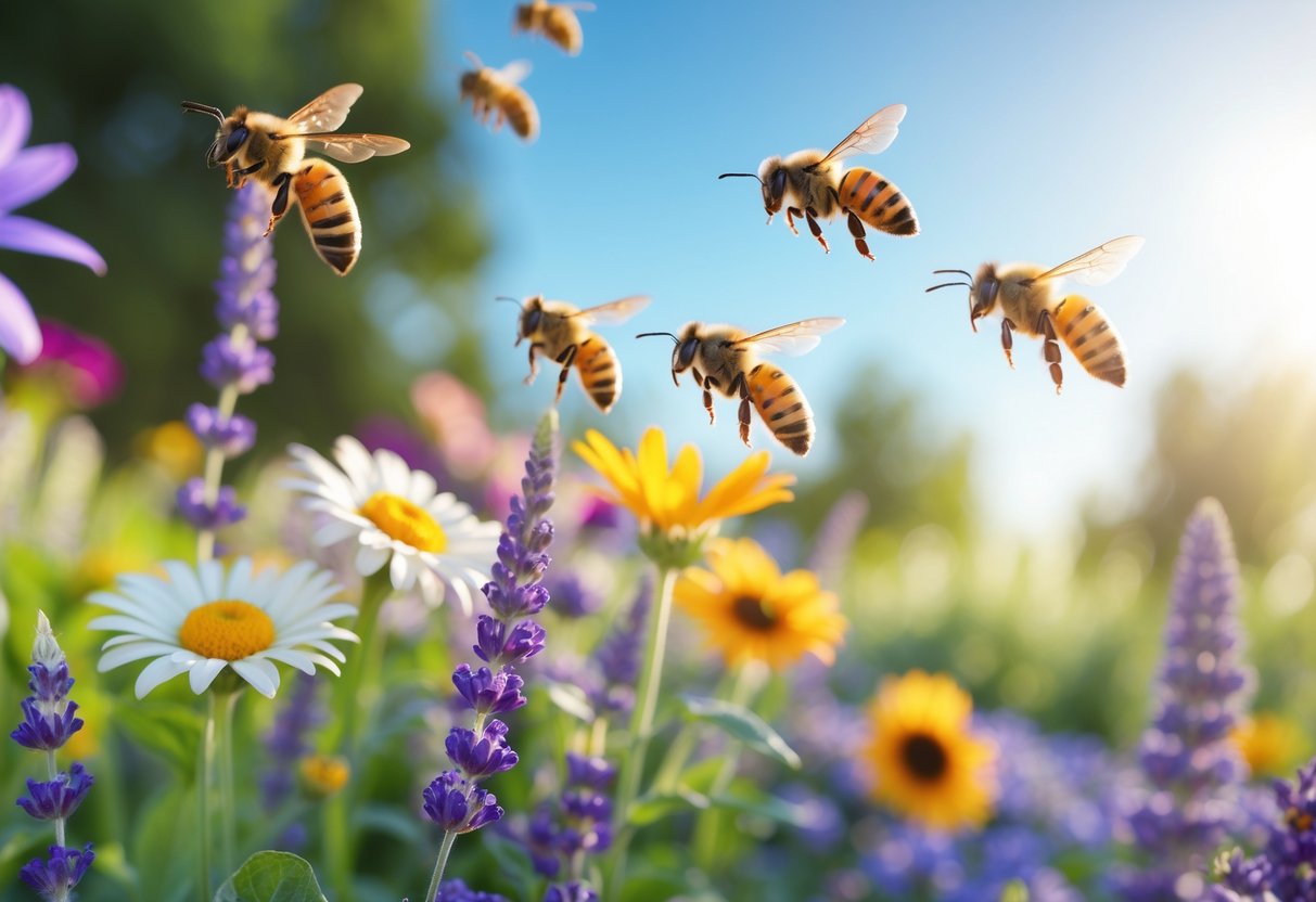 Several bees flying around colorful flowers in a garden during daylight.