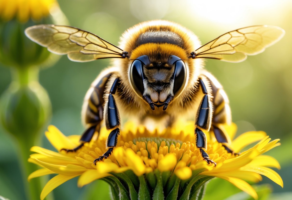 A close-up of a honeybee on a yellow flower looking directly at the camera.