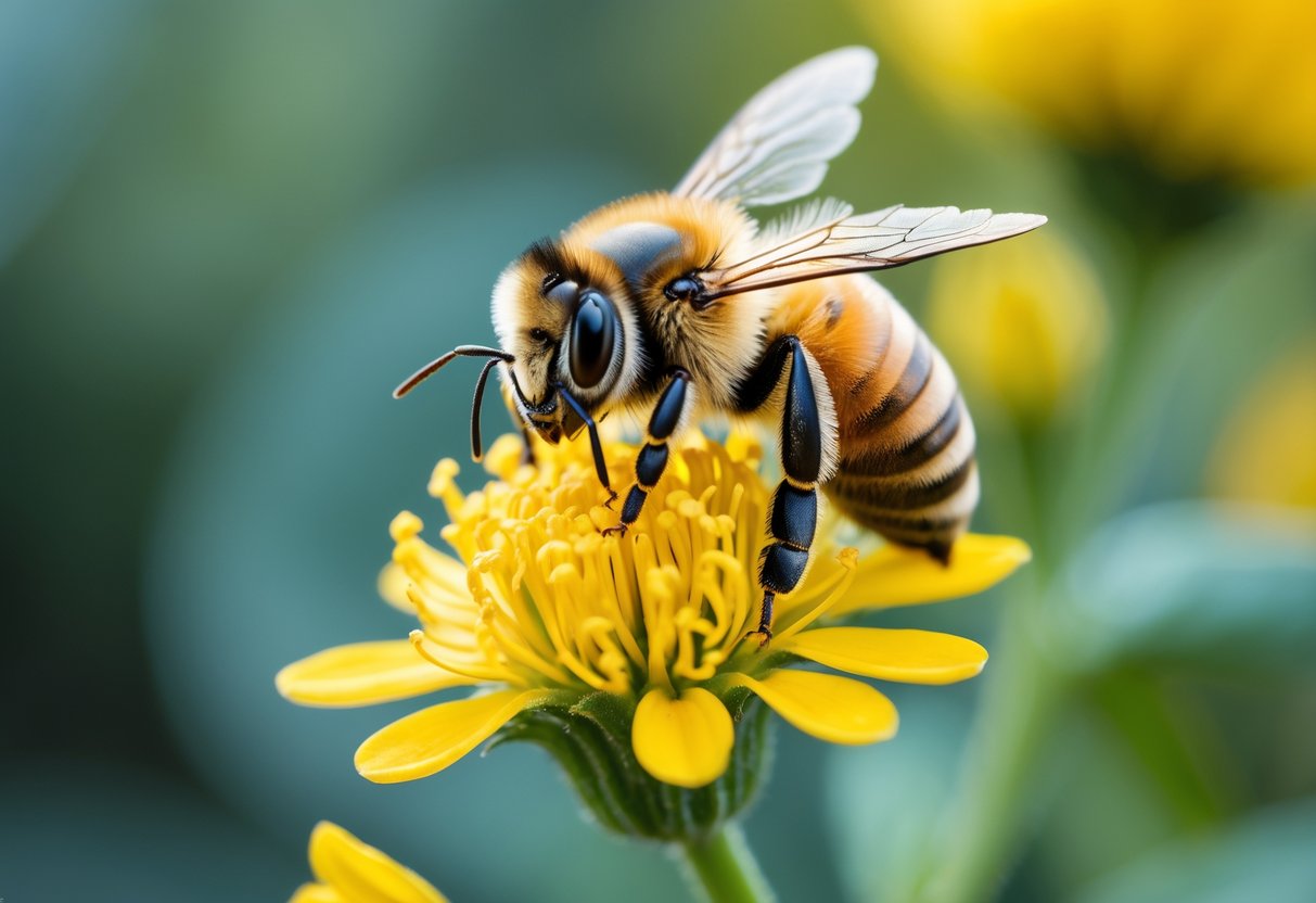 A honeybee sitting on a yellow flower with green leaves in the background.