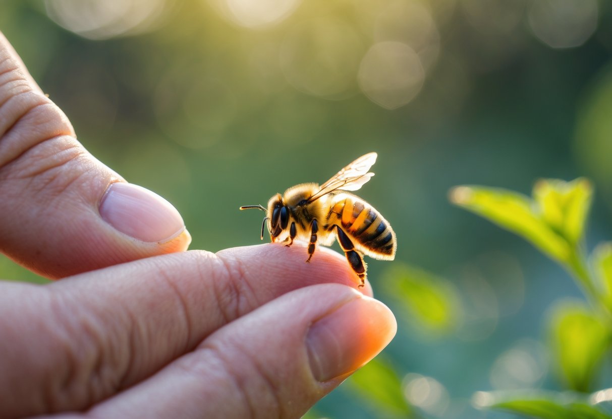 A person holding a honeybee on their fingertip outdoors with green foliage in the background.