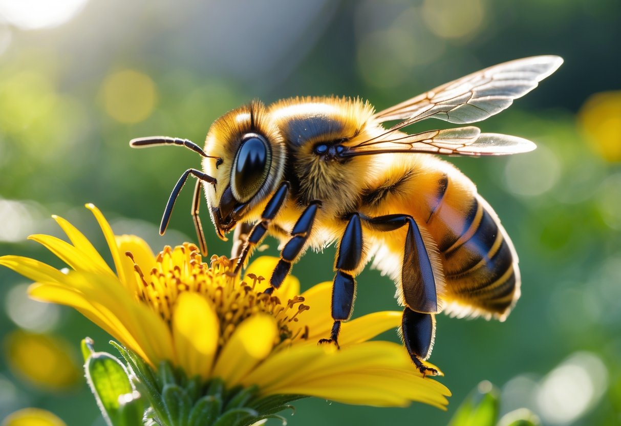 A close-up of a honeybee sitting on a yellow flower in a garden.