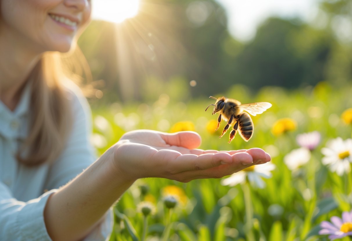 A person outdoors smiling gently as a bee hovers near their outstretched hand surrounded by flowers and greenery.