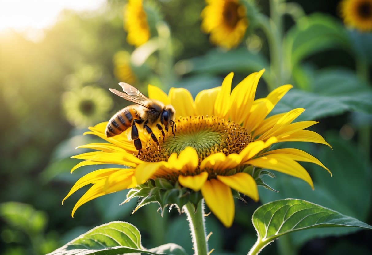 A honeybee collecting nectar from a yellow sunflower with green foliage in the background.