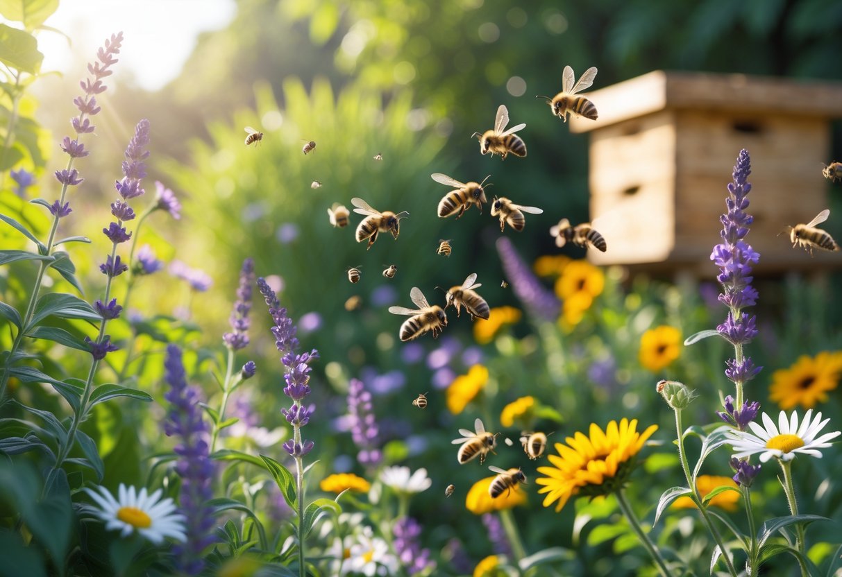 Bees flying and pollinating colorful flowers in a sunlit garden with a wooden beehive in the background.