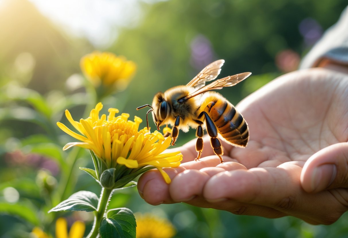 A person’s hand gently near a honeybee sitting on a yellow flower in a garden.
