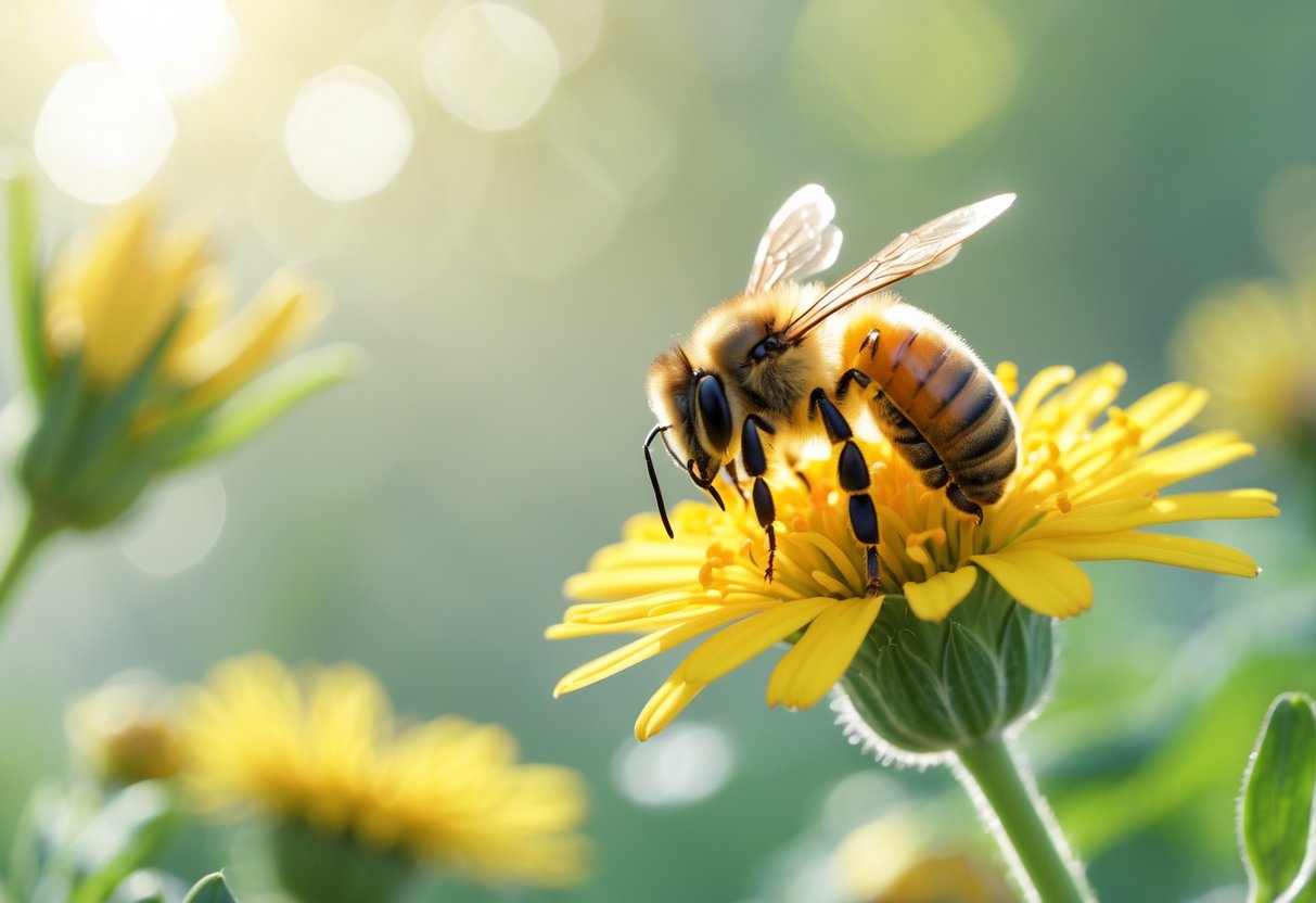 A honeybee resting on a yellow flower surrounded by green foliage.
