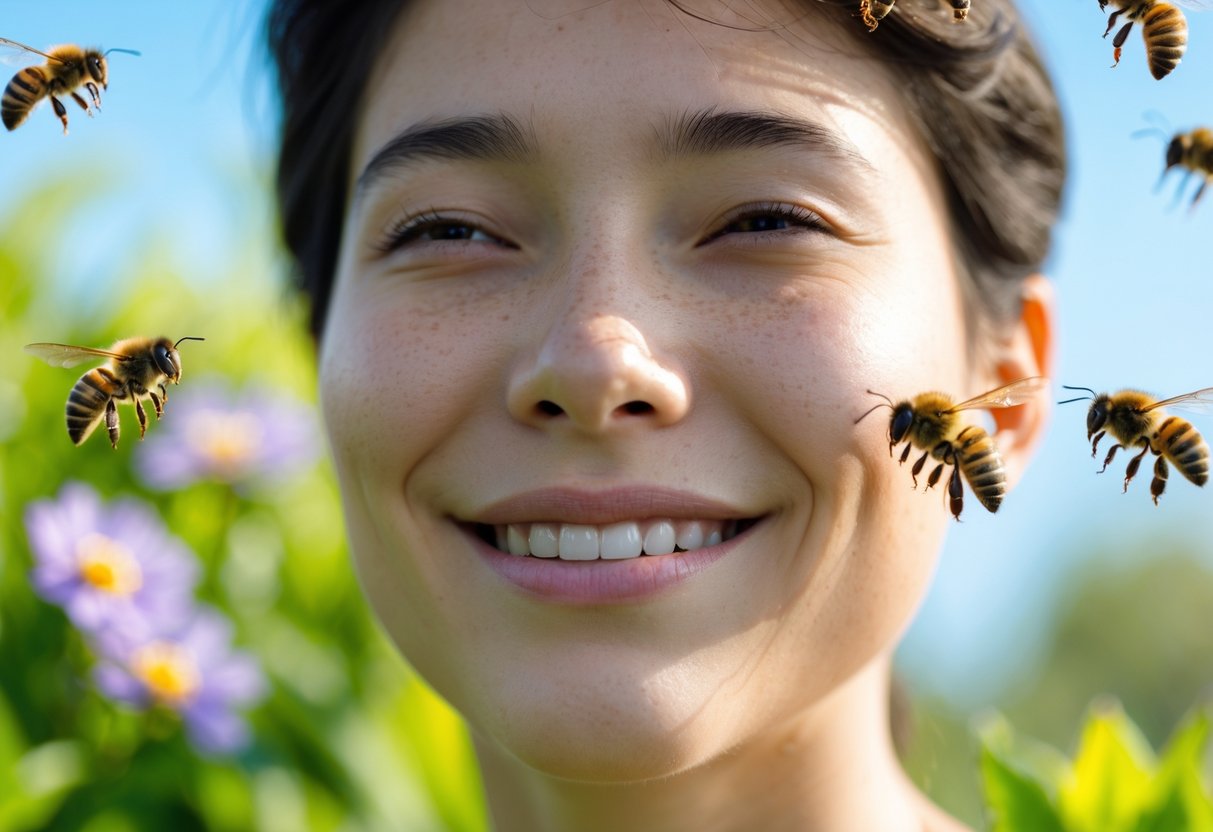 A person outdoors with bees flying near their face in a garden setting.