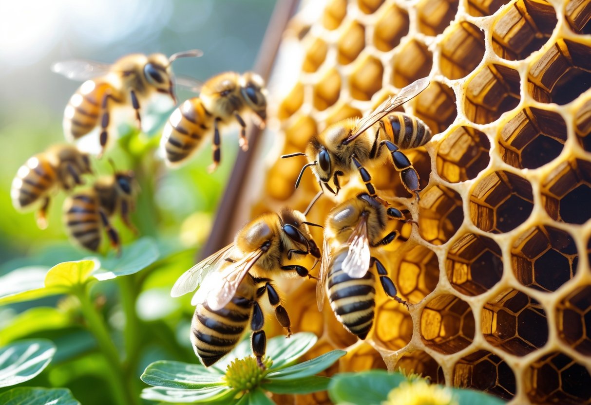 Close-up of honeybees on a flowering plant, with one bee performing a waggle dance on honeycomb inside a hive.