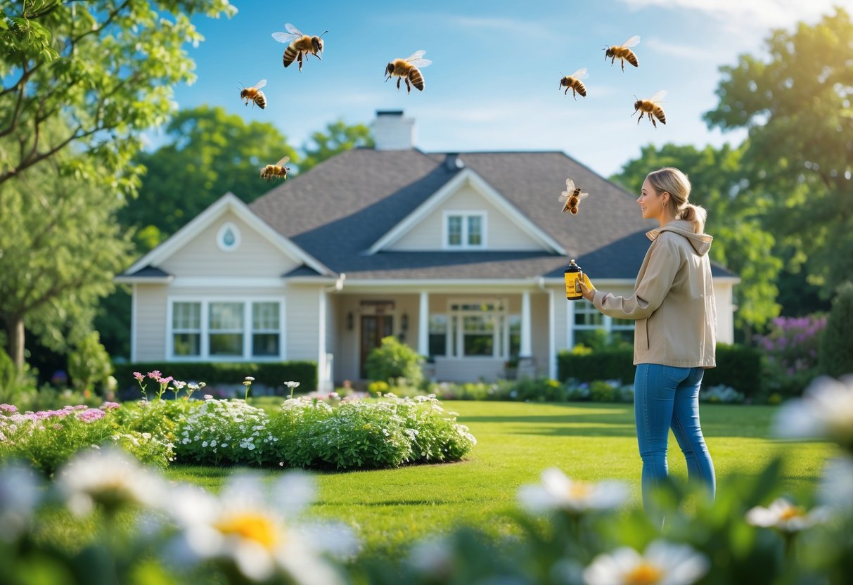 A person calmly standing near a house with bees flying around flowers in the garden.