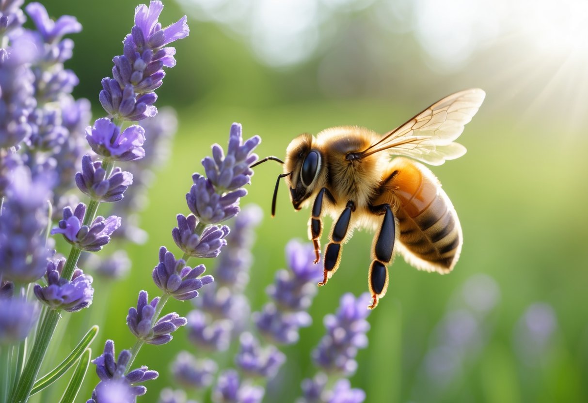 A honeybee flying near purple lavender flowers in a green meadow.
